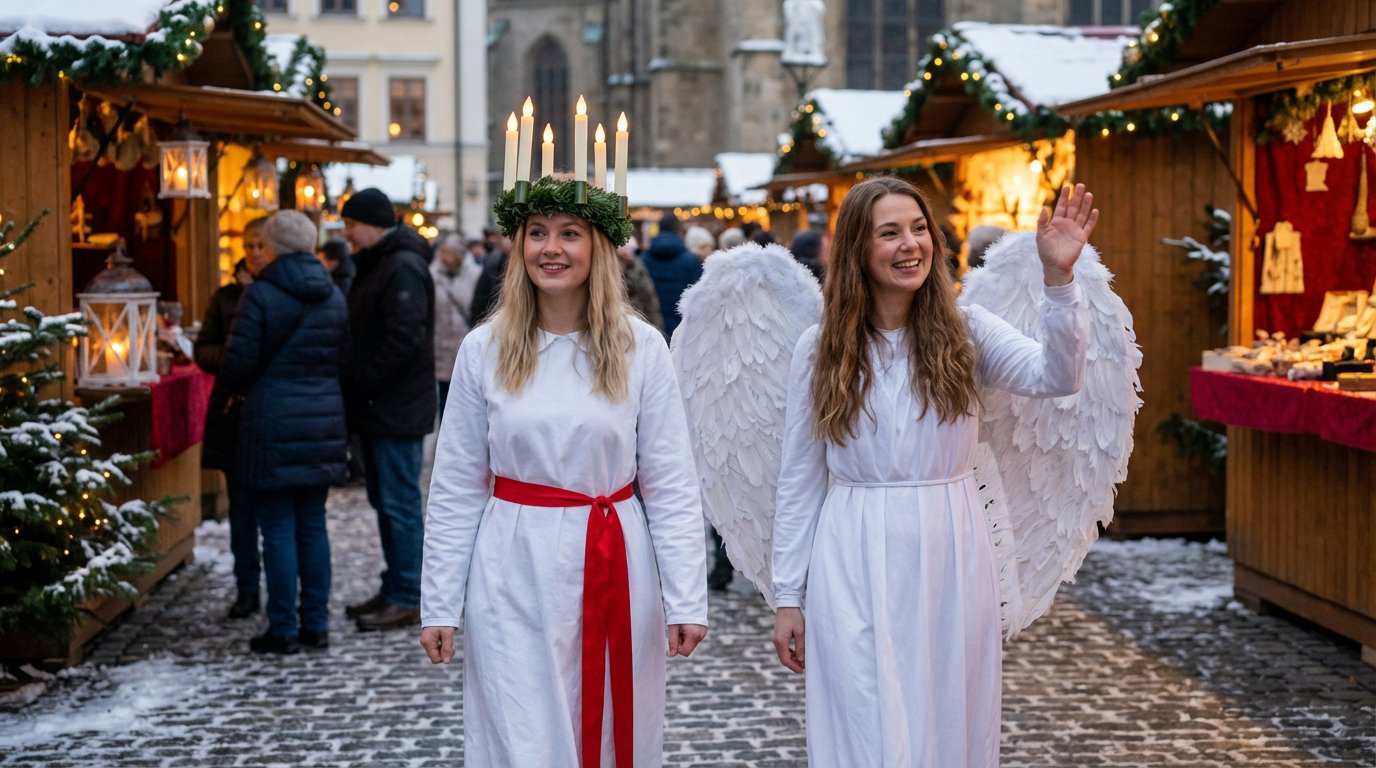 Engel Walking Acts auf einem Weihnachtsmarkt