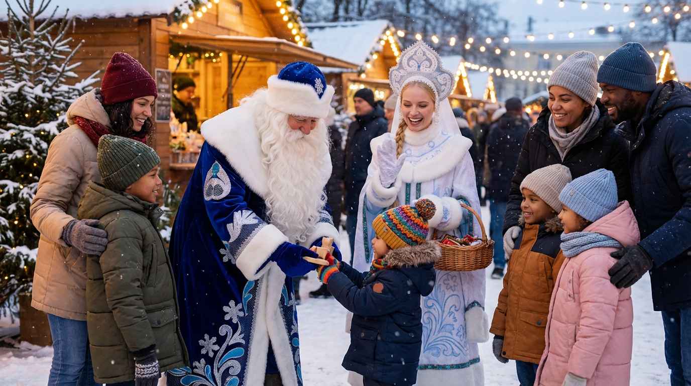 Väterchen Frost und Schneemädchen mit Kindern