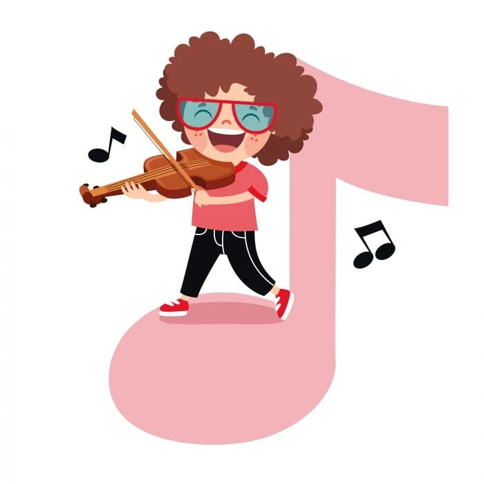 Kind spielt Geige vor einer großen Musiknote