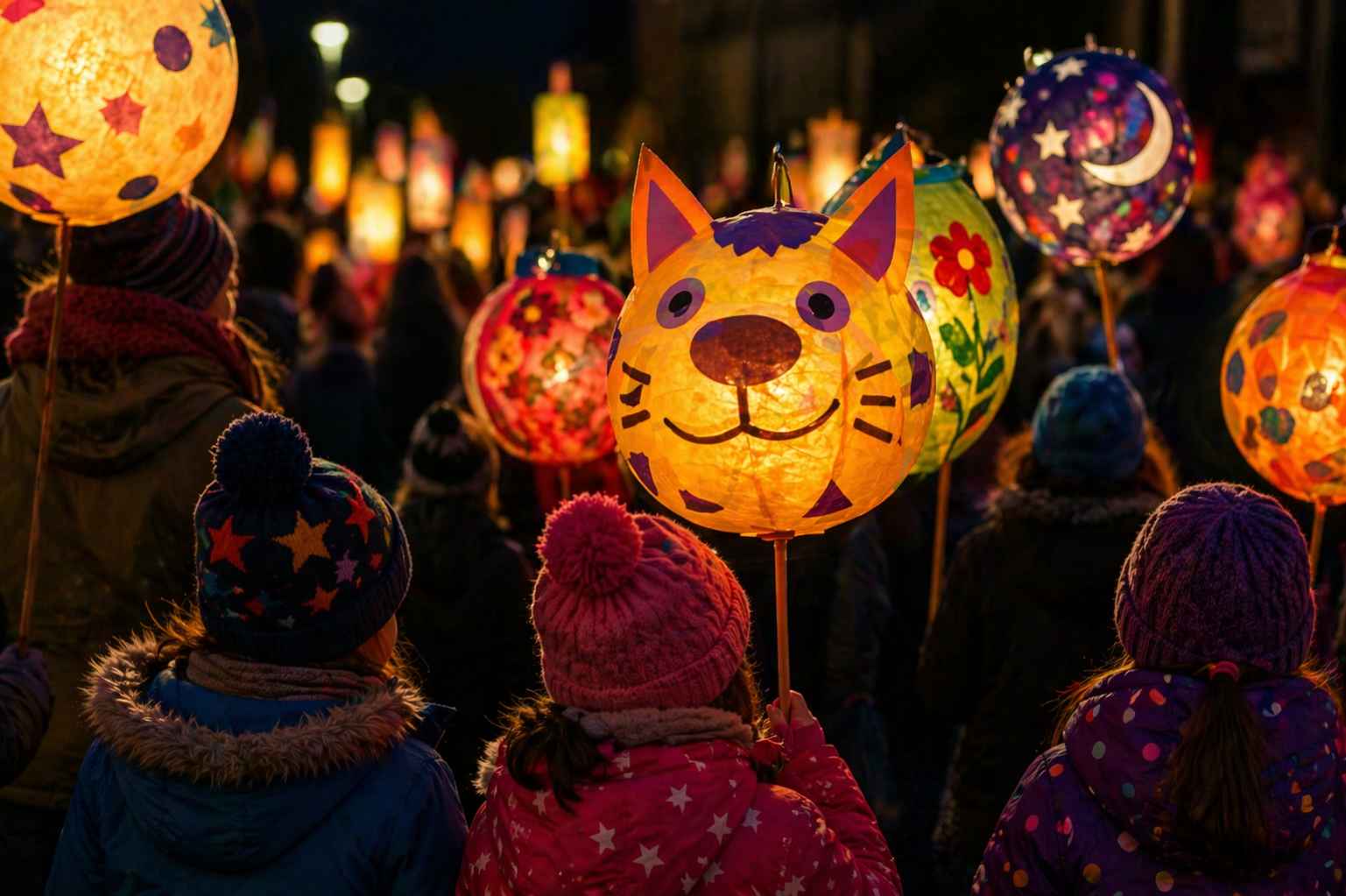 Kinder betrachten bunte Laternen