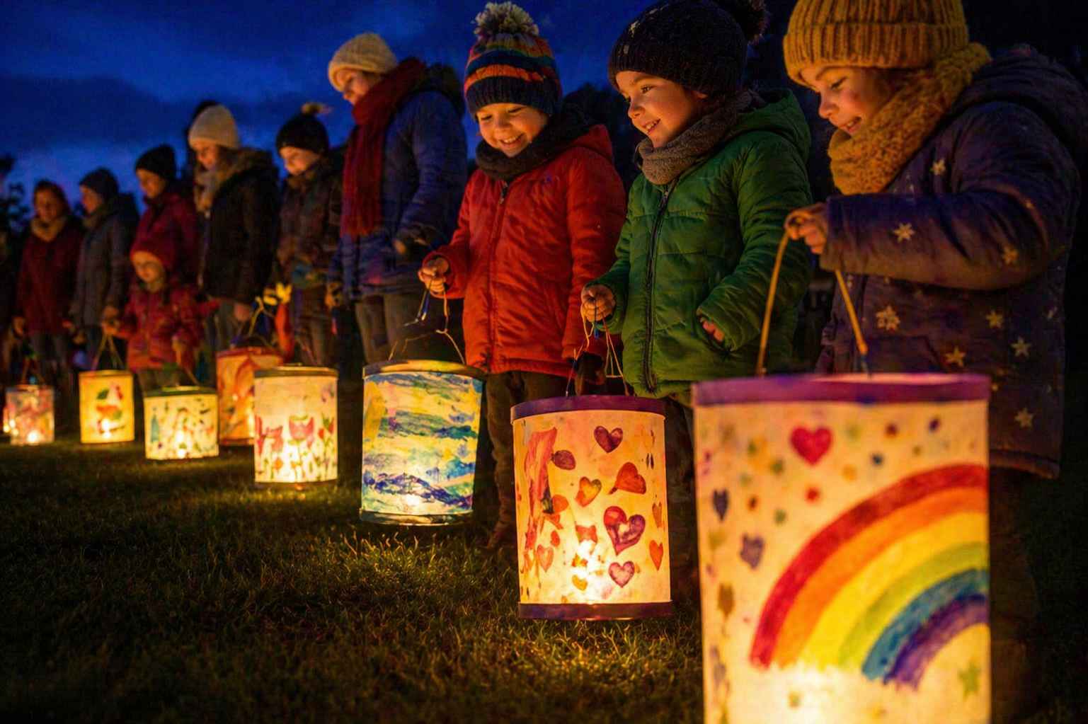 Kinder mit selbst gestalteten Laternen